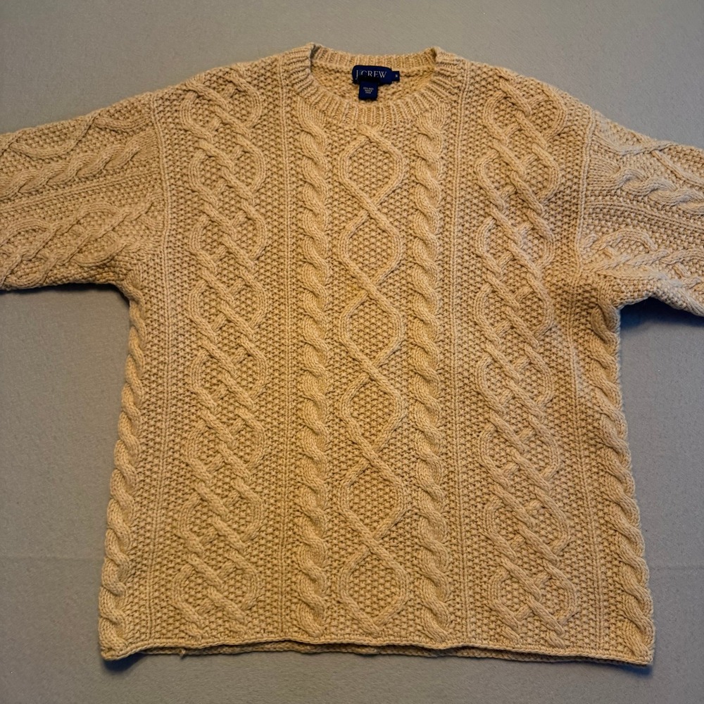 Vintage J.Crew Cable Knit Fisherman Sweater Wool Tan Beige Women Size Medium